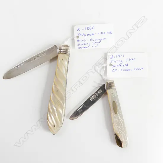 2 MoP STG SILVER FRUIT KNIVES; B'HAM 1866, SHEF. 1921 (CHIPPED)