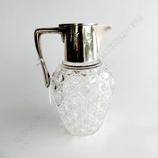 STERLING SILVER COLLARED CLARET JUG,  BASE CRYSTAL OCTAGON CUT,LONDON GOLD & SILVERSMITHS, 1973, SOME DENTS IN TOP