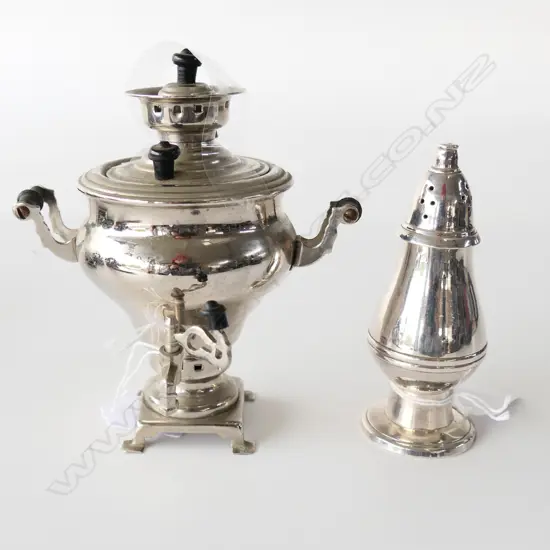 SILVER PLATE MINIATURE SAMOVAR, H 130mm + EP PEPPER CONDIMENT H.110mm