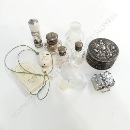 4 PERFUME BOTTLES (1 LALIQUE), IVORY HEAD, PENDANT & CONTAINER, 800 SILVER SUITCASE CHARM 23 GRAMS, SILVER BOX