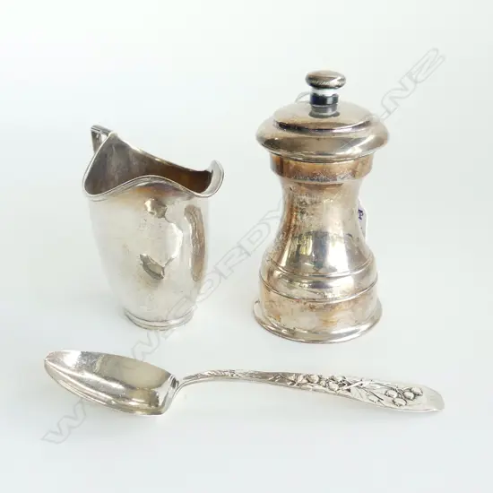 2 PCES STG SILVER; JUG & TEASPOON + EP PEPPER GRINDER