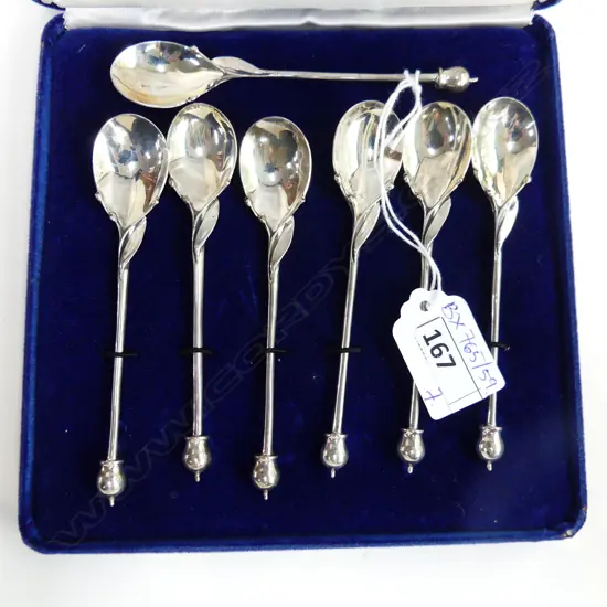 7 STG SILVER TEASPOONS w. GUM NUT DESIGN L.110mm 97 GRAMS, CASED