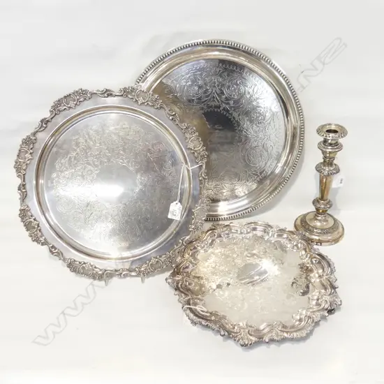 4 SILVER PLATE ITEMS. TRAY  DEDICATED RE AMERICAN LEGATION TO WELLINGTON 1946 Dia 410mm TWO SMALLER TRAYS & CANDLESTICK