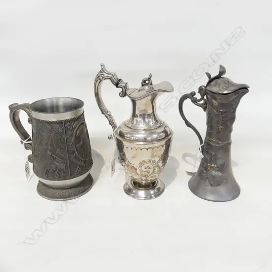 THREE ITEMS. PEWTER TANKARD NELSON THEMED. WMF EWER & SILVER PLATED EWER H. 230mm
