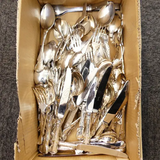 BIG BOX LOT ASST SILVER PLATE CUTLERY, MOSTLY RODD
