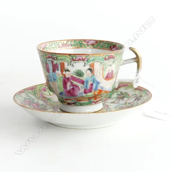 CHINESE FAMILE ROSE CUP AND SAUCER - (repaired handle & chipped base of saucer)