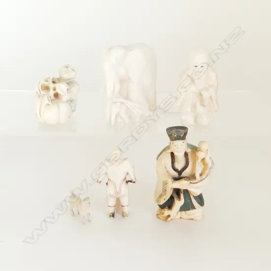 5 PCES IVORY; 3 NETSUKE, ELEPHANT & MAN w. DOG H.55mm