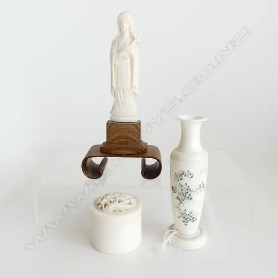 3 PCES IVORY; MADONNA H.150mm, VASE, LIDDED CONTAINER 50mm dia