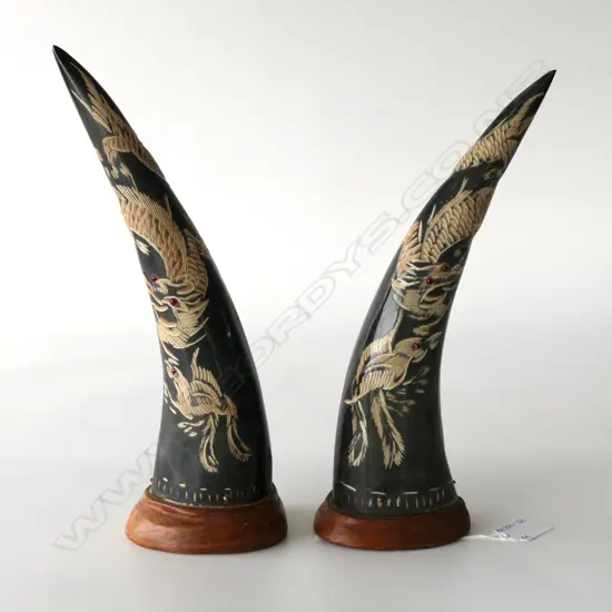 PAIR OF CARVED WATER BUFFALO HORNS WITH DRAGONS AND BIRDS.H 30CM.