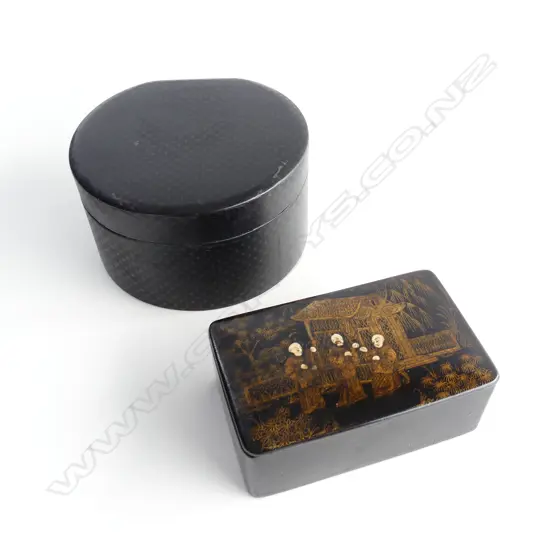 TWO PAPIER MACHE BOXES , L 12CM W 7.5 OTHER ONE 14CM DIAM.