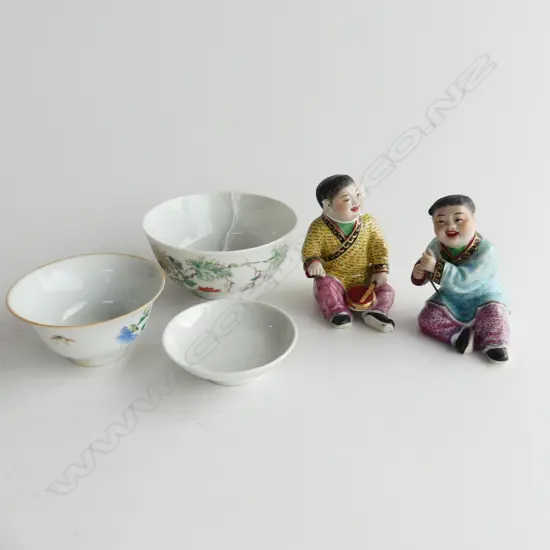 2 CHINESE OLD FAMILLE ROSE CHINESE CUPS + PR PORCELAIN FIGURES
