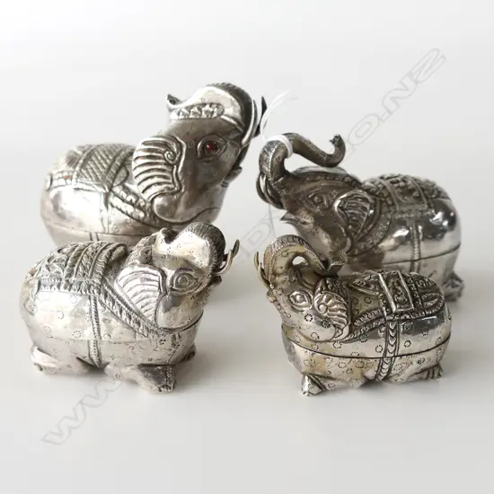 SET OF FOUR SILVER ELEPHANT BOXES.TEST AS 900 OR HIGHER. 275 GMS