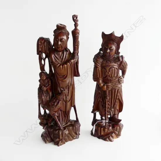 TWO HEAVILY CARVED CHINESE MALE  & FEMALE FIGURES, BOTH H. 410mm