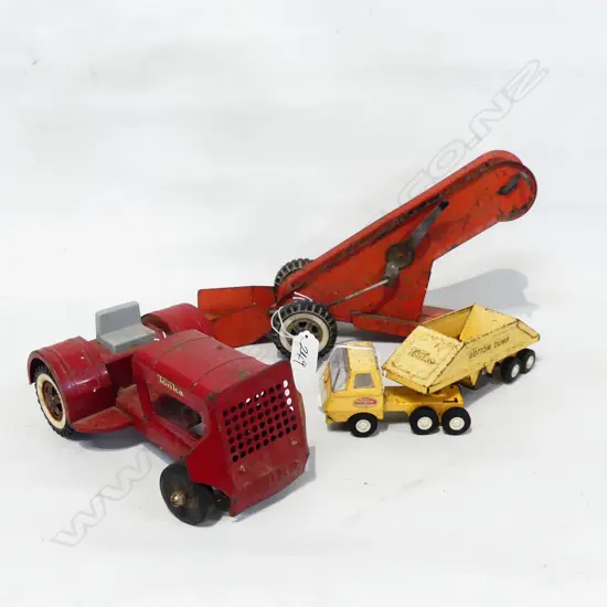 TONKA TIN TOY TRACTOR L200 TONKA HAY BAIL LOADER L320MM & TONKA BOTTOM DUMP TRUCK L220MM