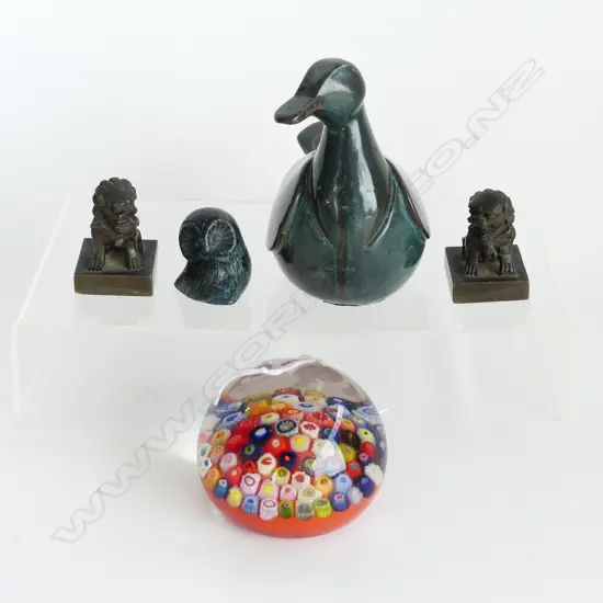 5 PCES; SIGNED BIRD, BRONZE OWL H.40mm, MILLEFIORI PAPERWEIGHT 75mm dia, PR BRONZE LION SEALS