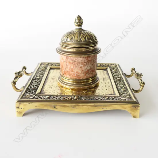 LARGE BRASS DESKTOP INKWELL STAND