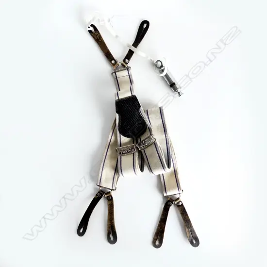 ANTIQUE POLICE AND FIRE UNIFORM SUSPENDERS &  POLICE WHISTLE