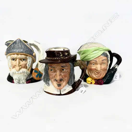 THREE LARGE ROYAL DOULTON CHARCTER JUGS . SARAH GAMP DON QUIXOTE AND ISAAC WALTON