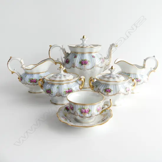 CONTINENTAL PART TEA SET; LG TEAPOT, 2 JUGS, 2 LIDDED SUGAR BOWLS & 1 C&S. TEAPOT A/F