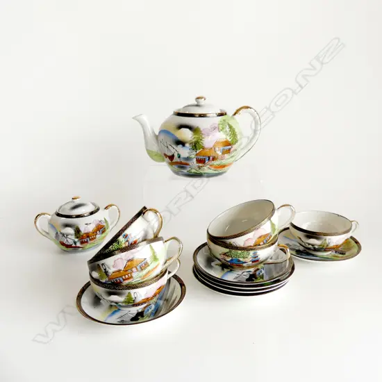 JAPANESE TEA SET WITH GEISHA FACE IMPRESSION TO CUPS – TEAPOT, 6 CUPS & SAUCERS, LIDDED SUGAR BOWL, & MILK JUG