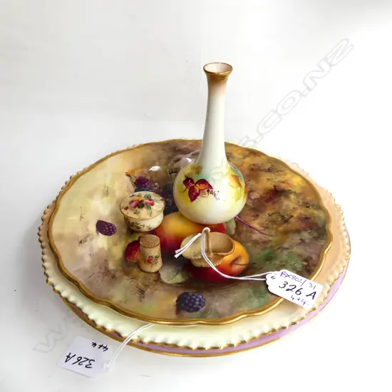 8 PCES ROYAL WORCESTER; 4 PLATES (FRUIT FAULTED) 260mm dia, K. BLAKE VASE, 3 MINIATURES