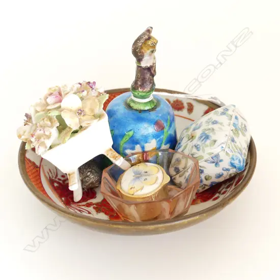 SMALL ORIENTAL DISH + ENAMEL BELL + OTHER SMALLS