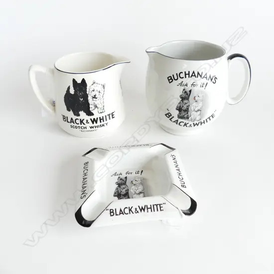 TWO BLACK AND WHITE WHISKEY JUGS & 1 ASHTRAY