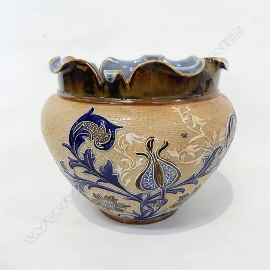 ROYAL DOULTON LAMBETH JARDINIERE DESIGNED BY EMILY PARTINGTON DECORATED BY JANE RUMBAL C1882. 240X200mm