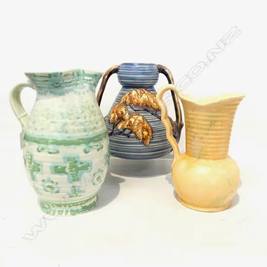 3 DECO ERA CERAMICS; CARLTON WARE VASE, 2 BESWICK JUGS H.230mm 
