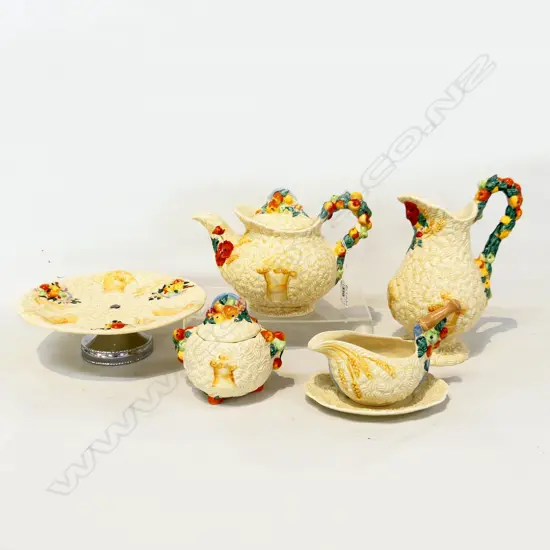 5 PCES CLARICE CLIFF CELTIC HARVEST; TEAPOT, TALL JUG, LIDDED SUGAR, MILK JUG & SAUCER, COMPORT 220mm dia