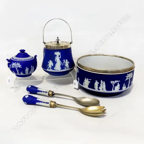 THREE ITEMS WEDGEWOOD JASPERWARE. SALAD BOWL AND SERVERS BARREL AND SUGAR BOWL.
