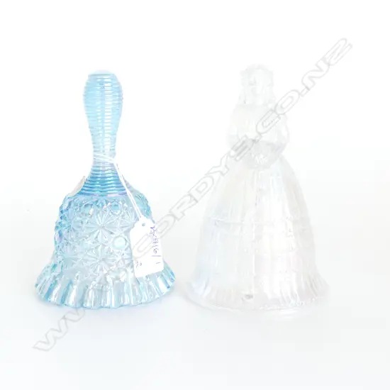 2 PRESSED GLASS BELLS; FENTON & COLONIAL LADY H.145mm