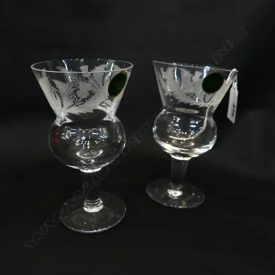 PAIR OF SCOTTISH THISTLE CUT CRYSTAL WINE GLASSES WITH THISTLE ETCHING MADE IN SCOTLAND