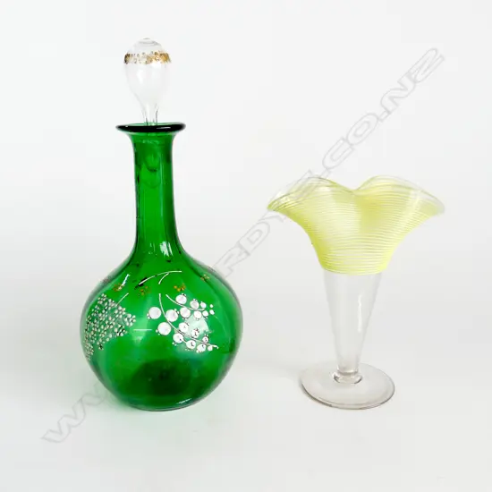 VICTORIAN CITRINE GLASS EPERGNE VASE AND GREEN HAND BLOWN GLASS DECANTER