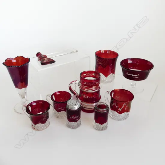 10 PCES ASST. RED EXHIBITION GLASS; AXE H.160mm, CRYSTAL PALACE MUG H.115mm