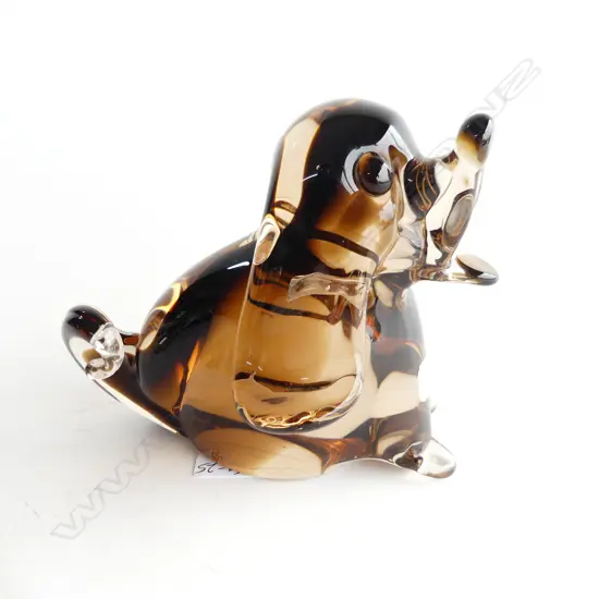 HEAVY SMOKEY GLASS MURANO DOG (DASCHUND?), ORIGINAL LABEL, 160 x 140mm
