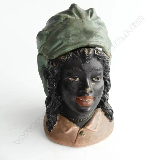 ANTIQUE POTTERY TOBACCO JAR WOMAN BUST FORM lid restored