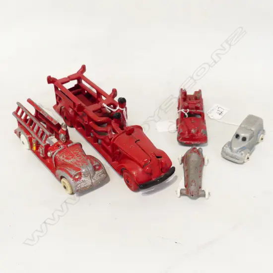 5 FUN HO TOYS 3 FIRE ENGINES LARGEST240MM SMALL TRUCK & RACE CAR 80MM