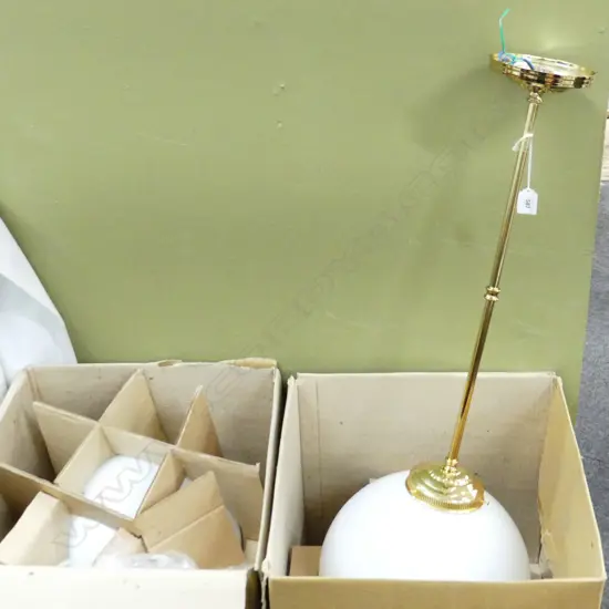 FOUR LG WHITE BALL GLASS PENDANT LIGHTS, GOLD TONE STEM H. 850mm (each new in box)
