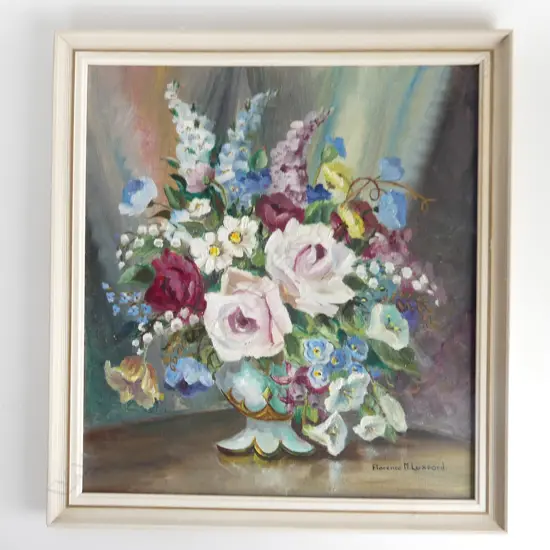 FLORENCE M. LUXFORD STILL LIFE OIL IN FRAME NZ ARTIST 450X 420mm