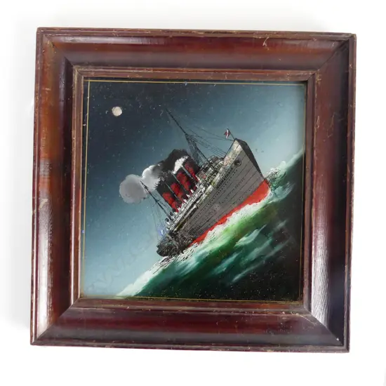 ANTIQUE FRAMED MAURETANIA SHIP HAND PAINTED ON GLASS, CUNARD LINE 300mm X 300mm