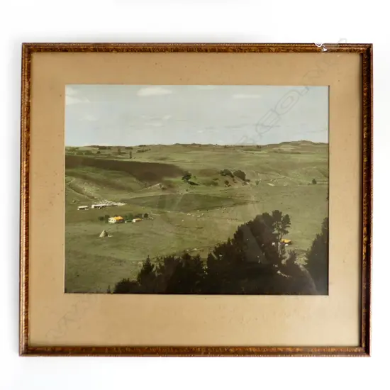 VINTAGE HAND COLOURED PHOTOGRAPH OF A FARMING SCENE POSSIBLY WHITES AVIATION , 355 X 275mm