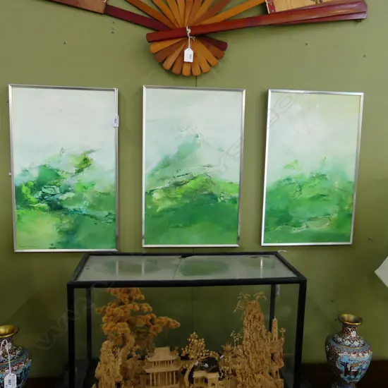 MARGARET WOOLLEY, GREEN TRIPTYCH, ACYLIC ON BOARD, 445x270mm each