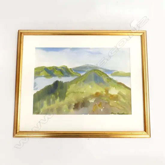 ANNA CASELBERG BLUE / GREEN COROMANDEL WATER COLOUR SIGNED 380 X 260mm