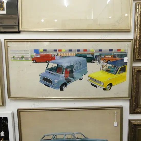 ORIGINAL GOUACHE ON PAPER AUTOMOBILE ILLUSTRATION FOR CAR MAGAZINE; 1960s BEDFORD VANS 390x855mm