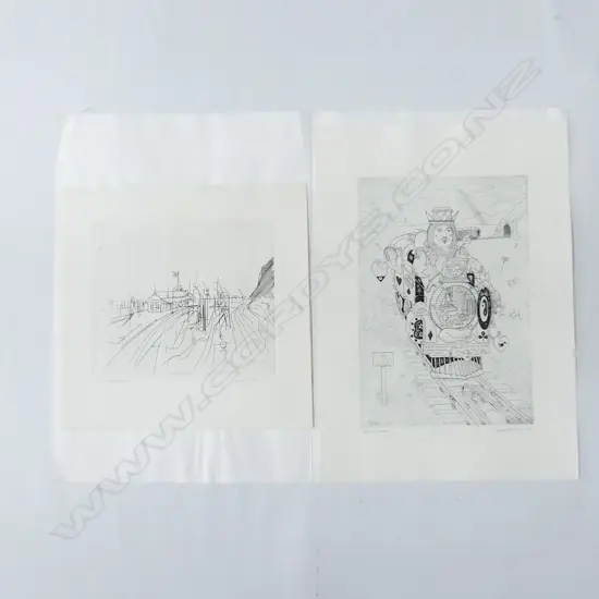 2 GARY TRICKER SIGNED ETCHINGS; PETONE RAILWAY '76 1/30 2nd ED. 205x245mm & OTIRA TRAIN A/P '76 335x230mm UNFRAMED 