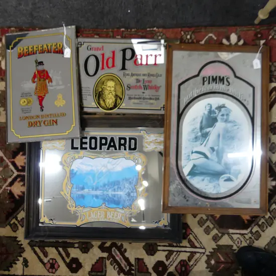 4 ADVERTISING MIRRORS; PIMMS, LEOPARD, BEEFEATER, OLD PARR