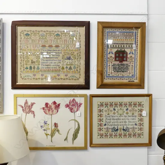 4 FRAMED EMBROIDERED ARTWORKS; 3 SAMPLER POEMS 390x460mm + TULIPS 350x470mm