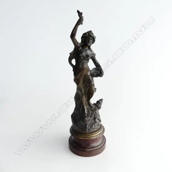 VICTORIAN BRONZED SPELTER FIGURE OF A WOMAN, WITH ‘MUTUA LITE’ON BASE SCROLL. H 41.5CM, W 12CM