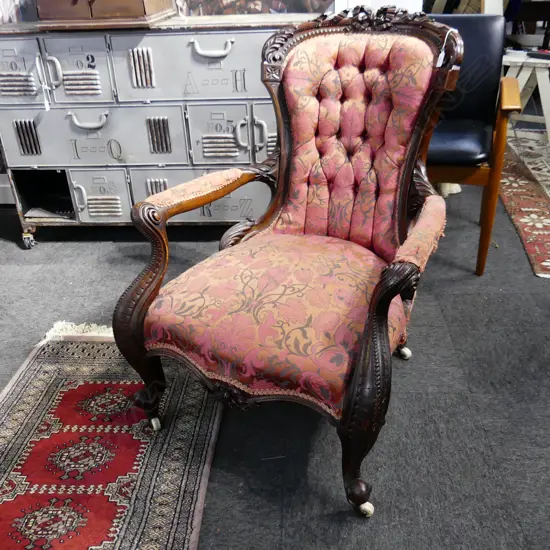 VICTORIAN CARVED WALNUT GRANDFATHER ARMCHAIR FRENCH STYLE UPHOLSTERY WITH SMALL FAULTS 